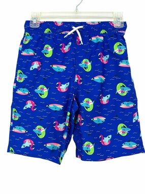 Lands' End Slim Volley Royal Blue Shark & Flamingo Swim Trunks